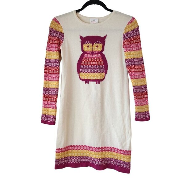 Hanna Andersson Knit Sweater Dress Pink Beige Owl Graphic Youth Girls 10 (140cm)